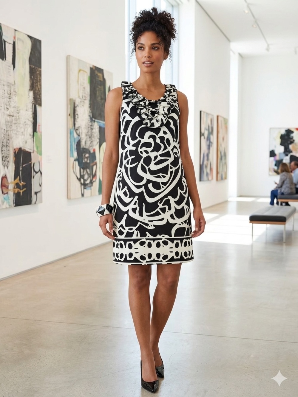 ECI Black & Cream Ruffle-Neck Midi Dress